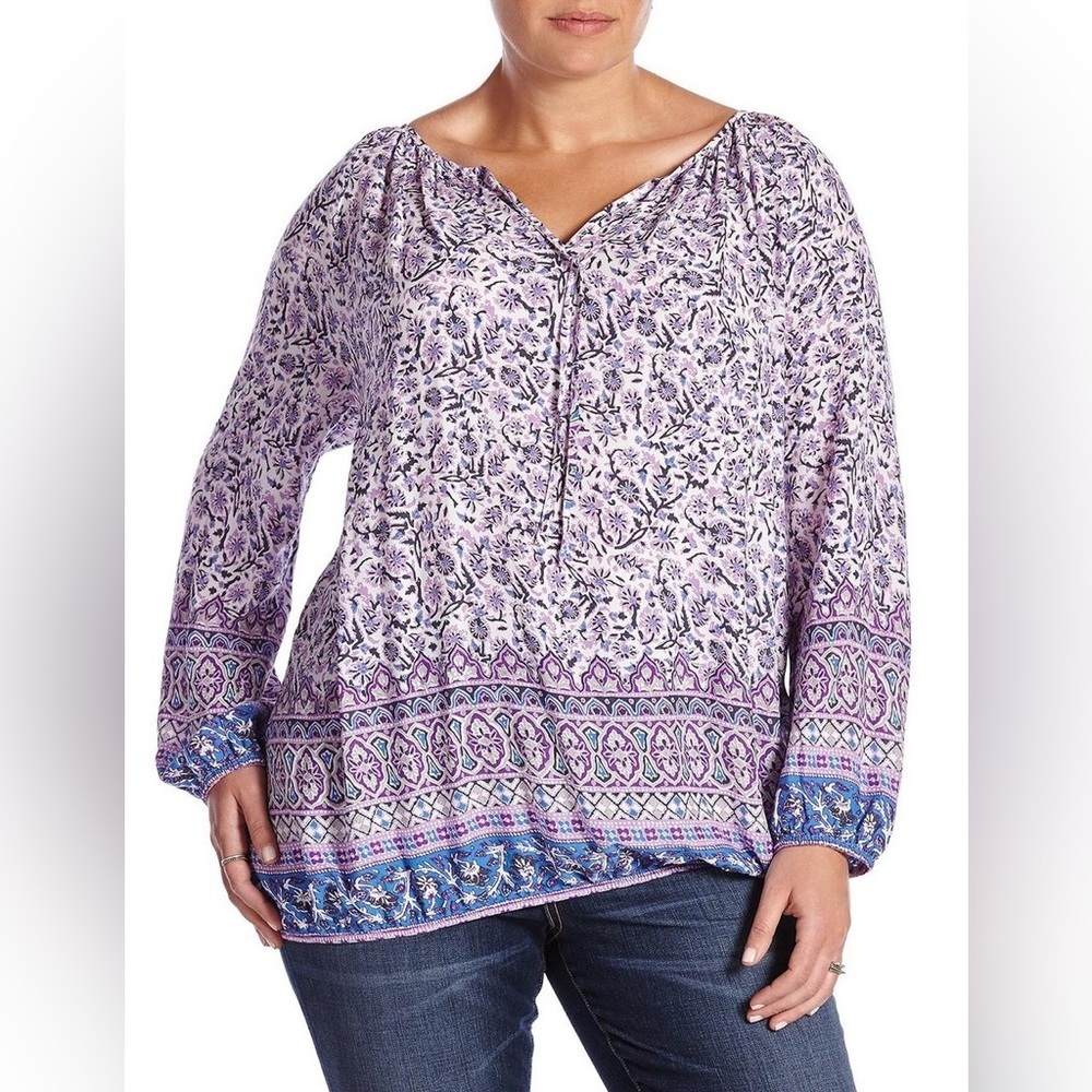 Lucky Brand | Border Print Peasant Top in‎ Purple Multi Floral Keyhole L